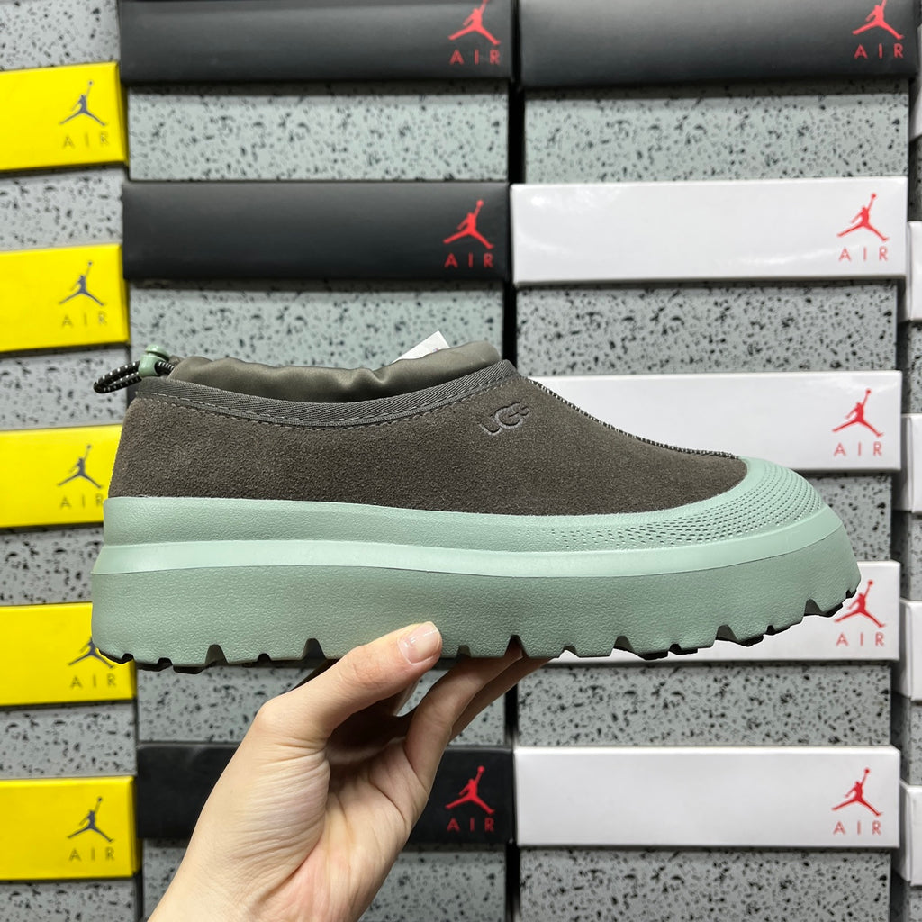 UGG Tasman Weather Hybrid – Dark Olive Suede Slip-On with Mint SugarSole & Sheepskin Lining