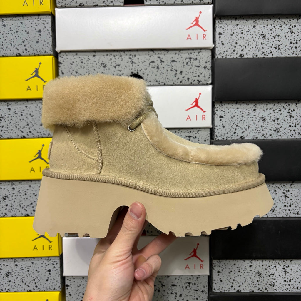 UGG Millen Lace Boot – Sand Suede Ankle Boot with Tonal Shearling Cuff & Chunky Platform Sole