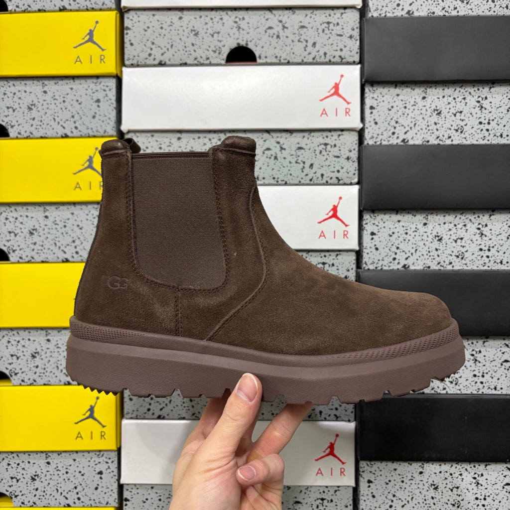 UGG Burleigh Chelsea Boot – Chocolate Brown Suede Slip-On with Elastic Gussets, Tonal Dark Lug Outsole & UGGplush Sole