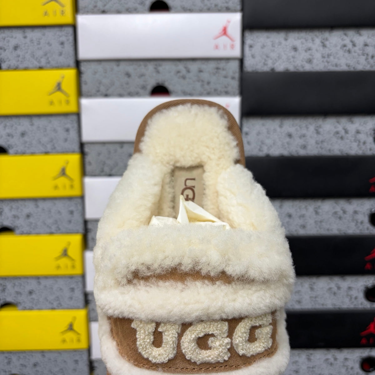 UGG Cozee Squish Slide – Chestnut Suede Open-Toe Sandal with Cream Shearling Knot Strap & Lug Sole