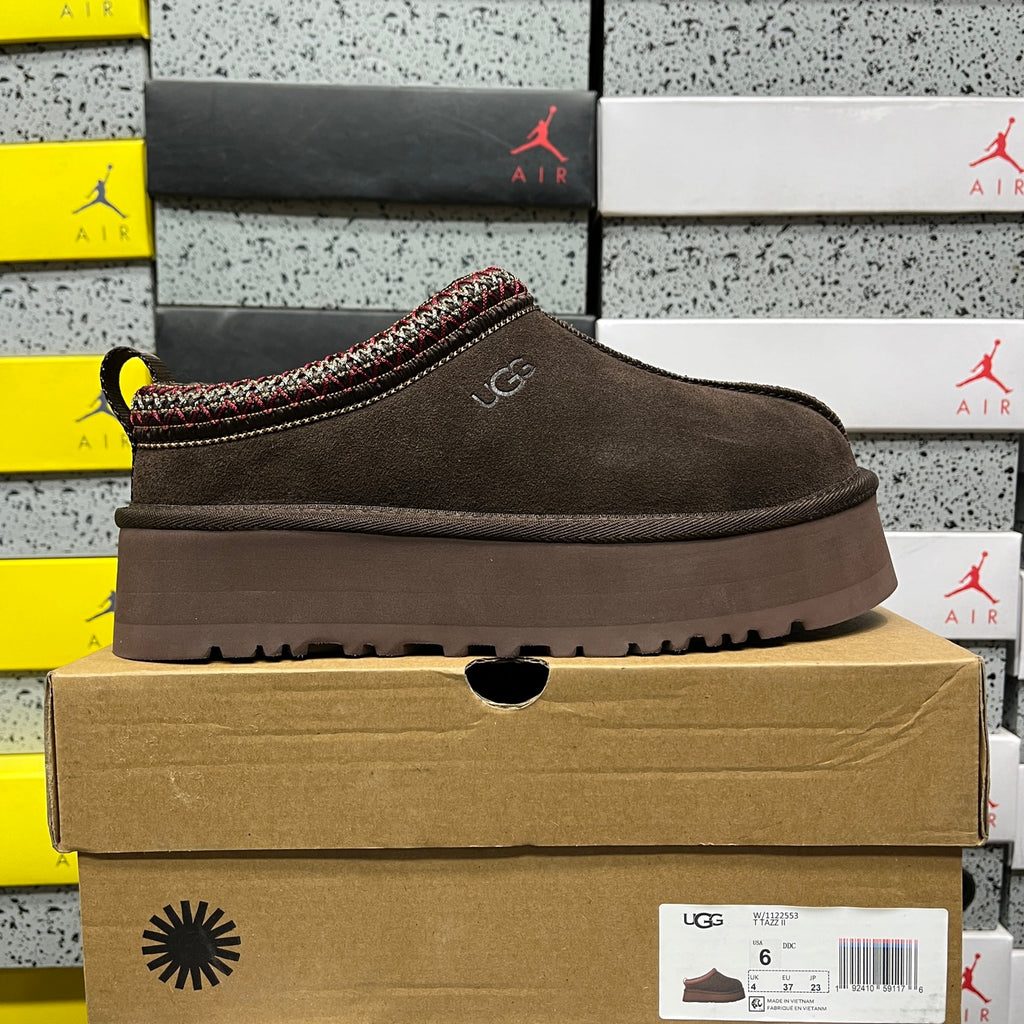 UGG Tazz Platform Slipper – Chocolate Suede with Multi-Color Woven Collar Trim