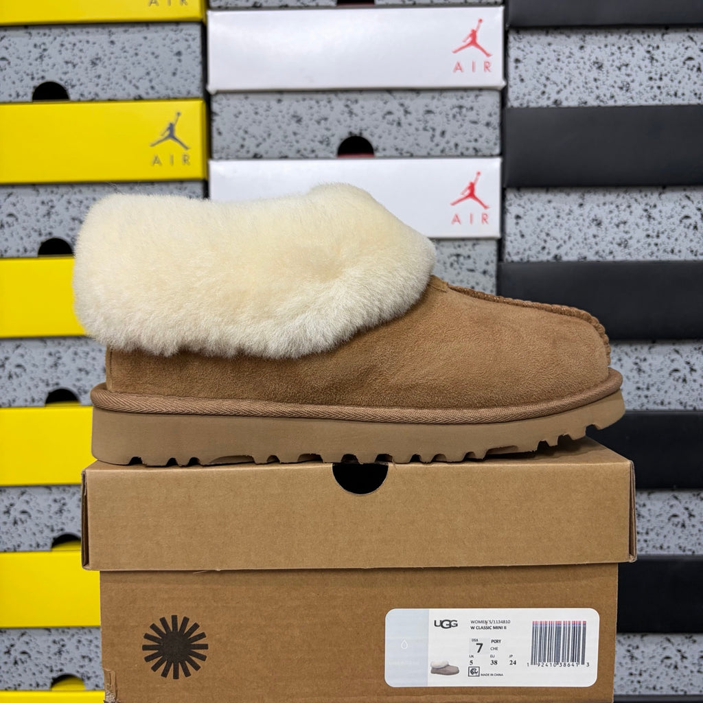 UGG Tazz Slipper – Chestnut Suede Platform Mule with Oversized Cream Sheepskin Fold-Over Cuff