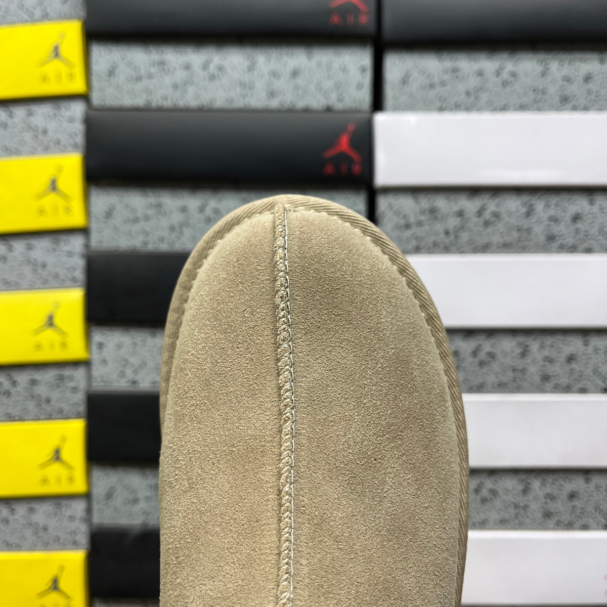 UGG Tazz Platform Slipper – Sand Suede with Gold Woven Collar Trim