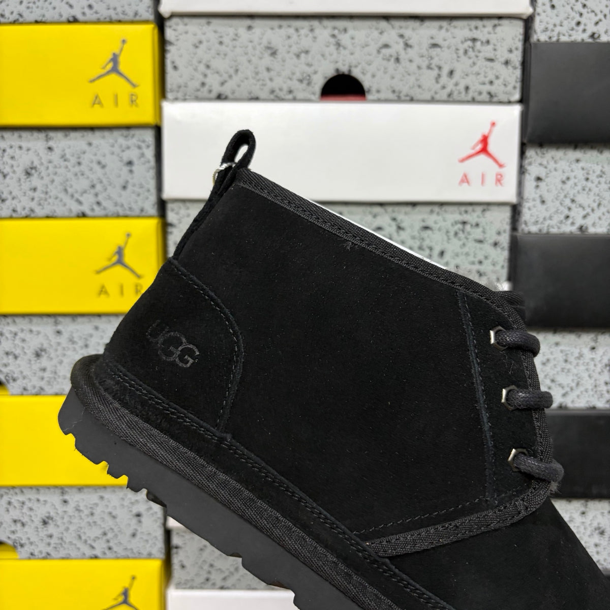 UGG Neumel Boot – All-Black Suede Lace-Up Chukka with Sheepskin Lining & Black Lug Outsole