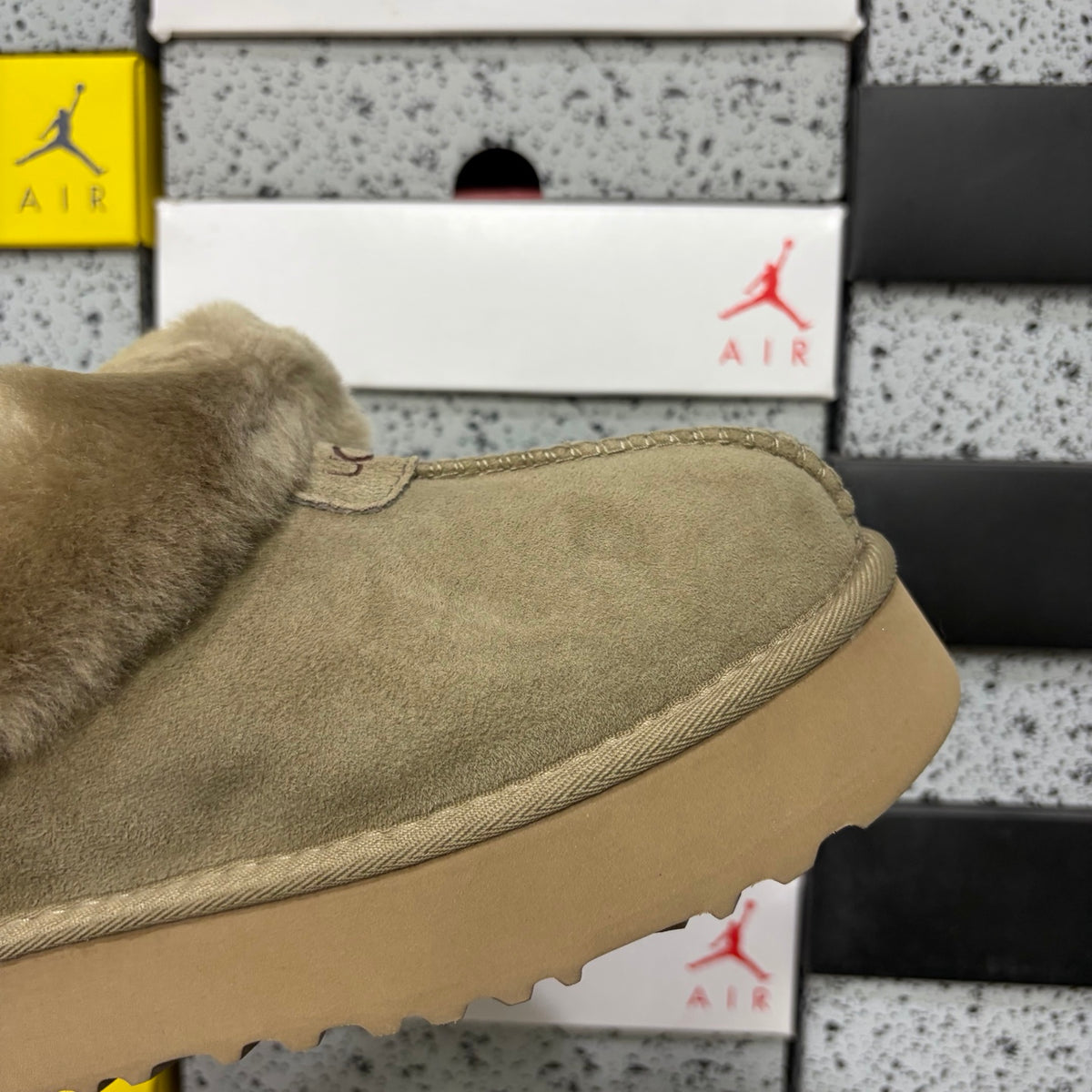 UGG Tazz Slipper – Olive Suede Platform Mule with Tonal Olive Sheepskin Cuff & Gum Lug Sole