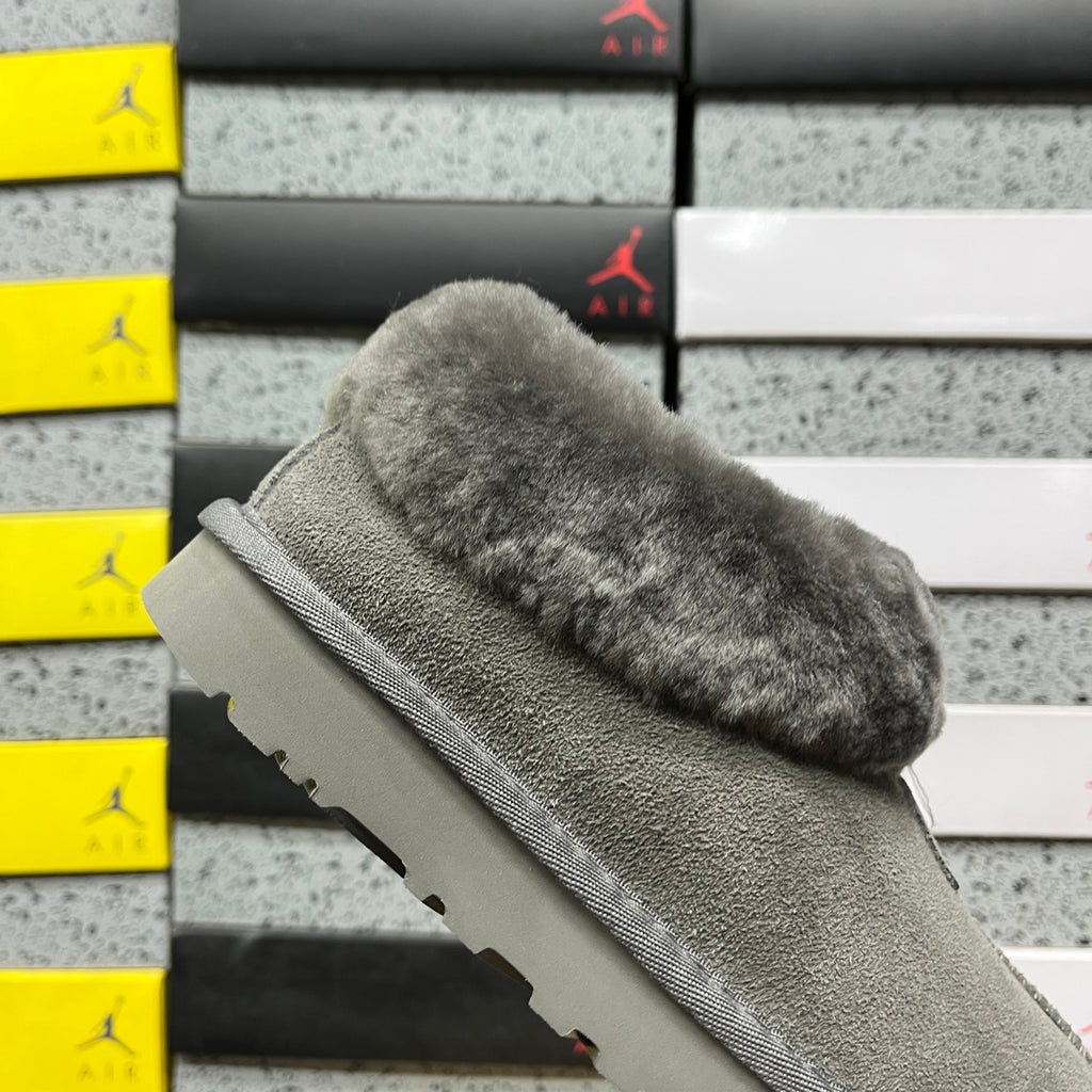 UGG Classic Mini Boot – Grey Suede with Oversized Fluffy Shearling Cuff