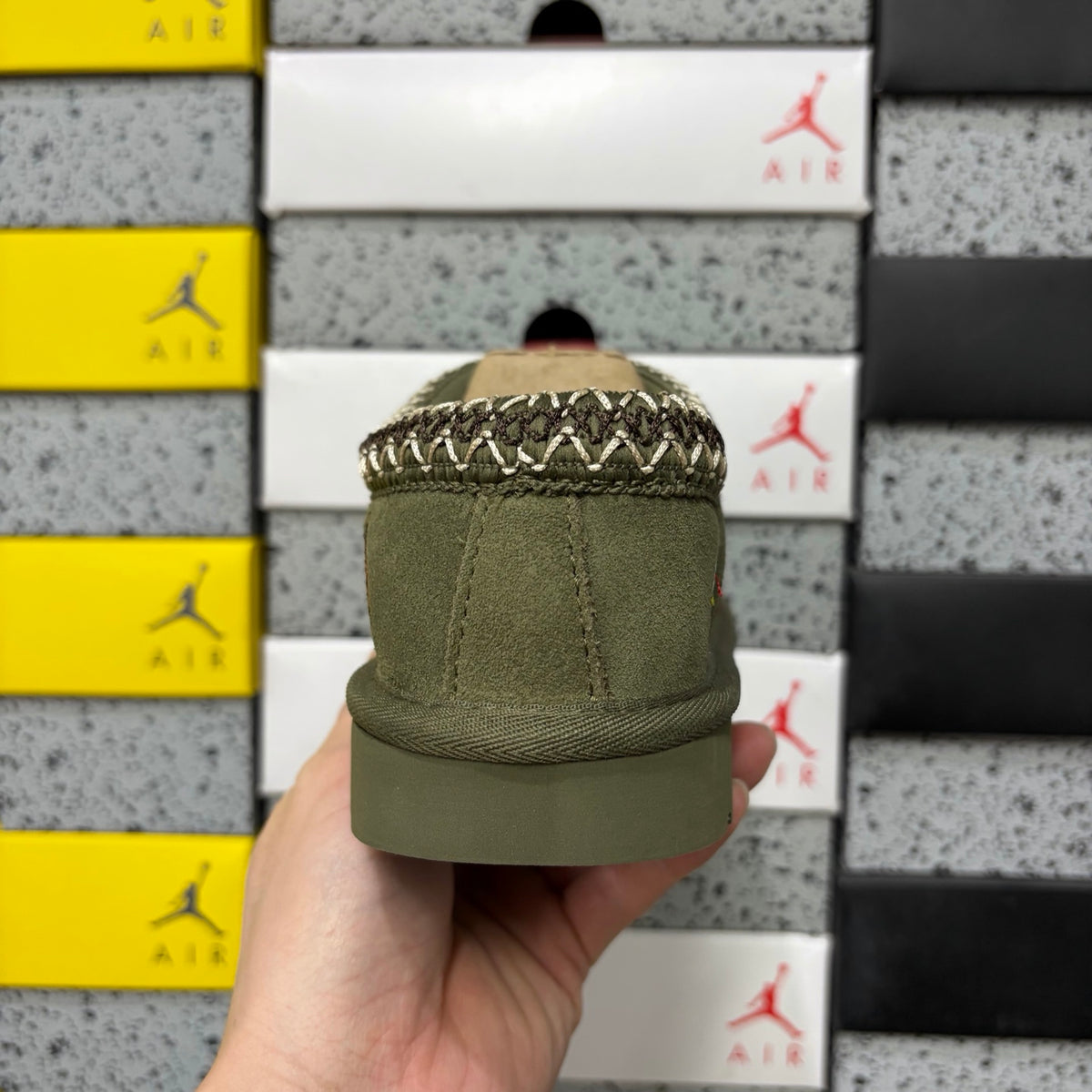 UGG × Palace Skateboards Tasman Slipper – Olive Suede with Embroidered Graphic Patches & Herringbone Braid Trim