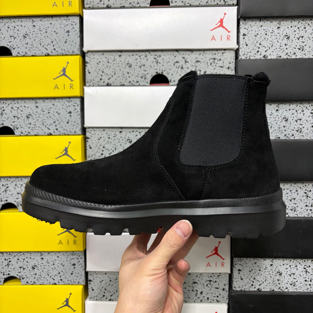 UGG Burleigh Chelsea Boot – All-Black Suede Slip-On with Elastic Gussets, UGGplush Outsole & Red UGG Heel Medallion