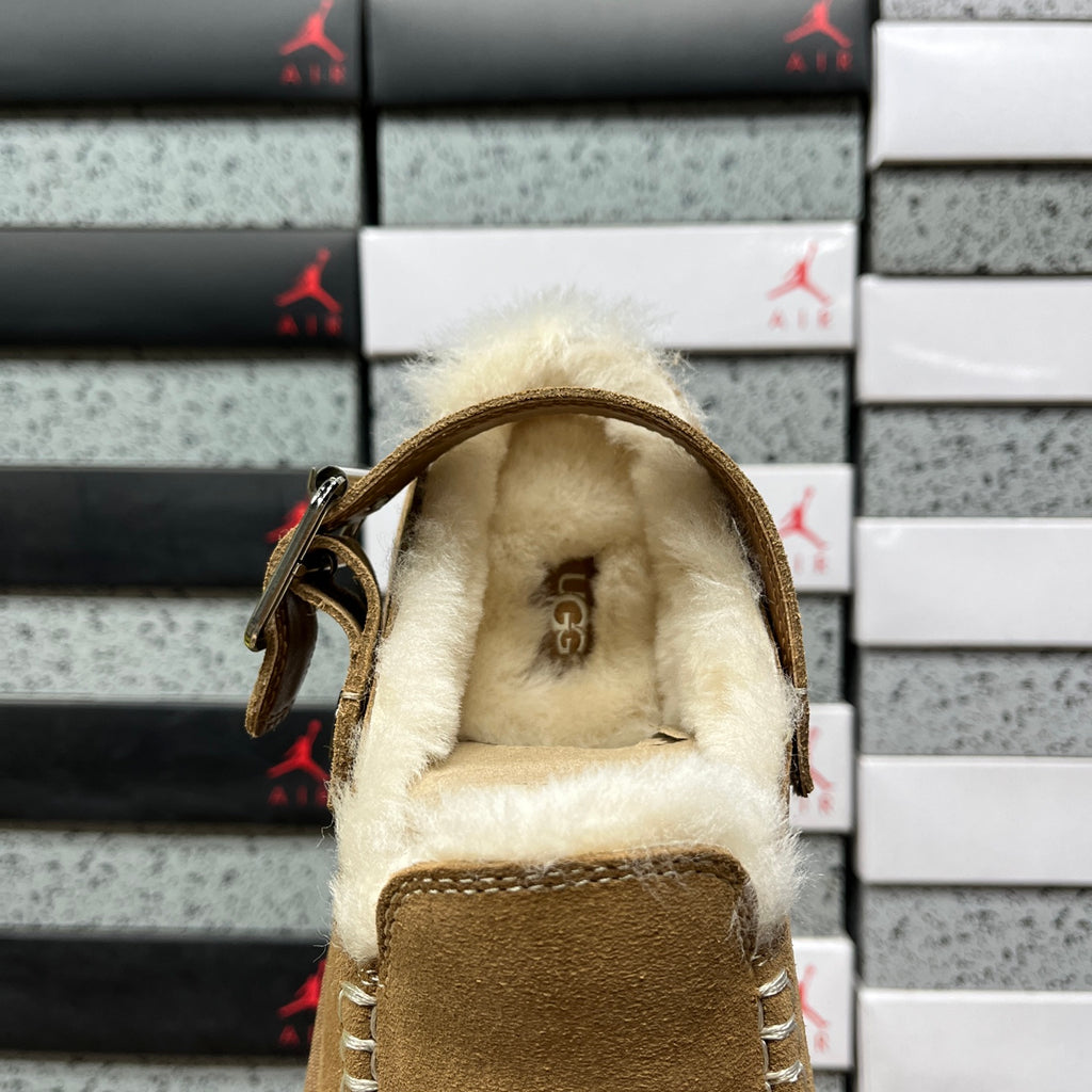 UGG Goldenstar Evelina Clog – Chestnut Suede Platform Clog with Silver Buckle & Sheepskin Lining