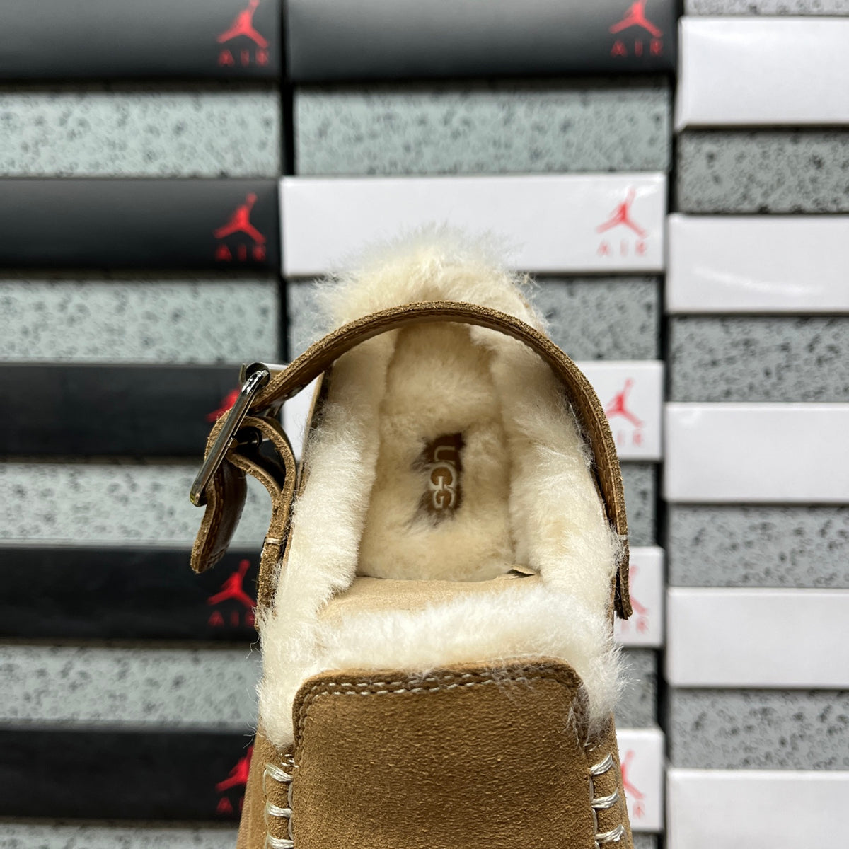 UGG Goldenstar Evelina Clog – Chestnut Suede Platform Clog with Silver Buckle & Sheepskin Lining