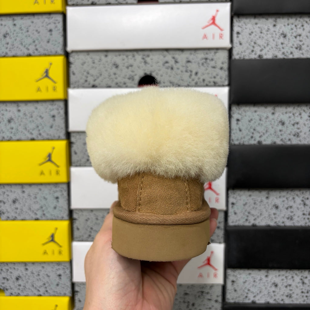 UGG Tazz Slipper – Chestnut Suede Platform Mule with Oversized Cream Sheepskin Fold-Over Cuff