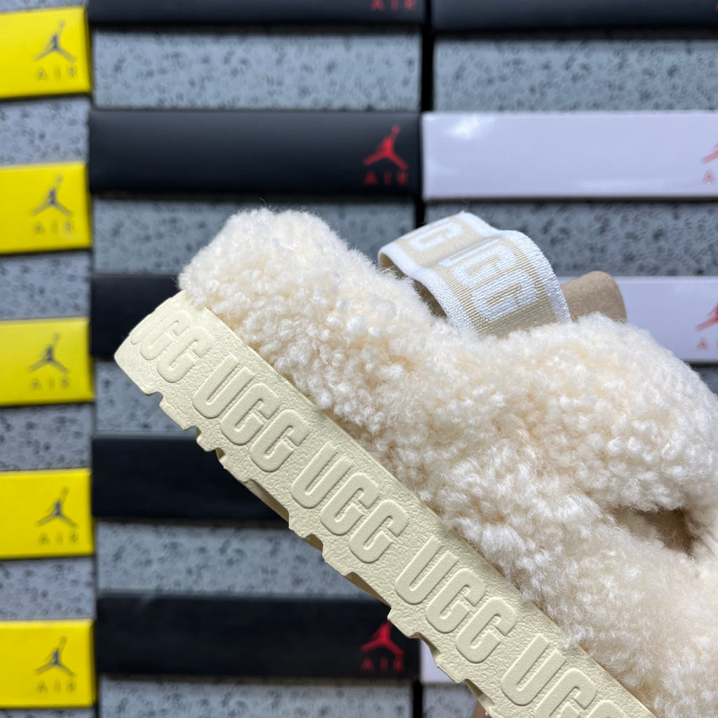 UGG Fluffita Cross Strap – Natural Cream Teddy Shearling Platform Sandal with Logo Ankle Strap