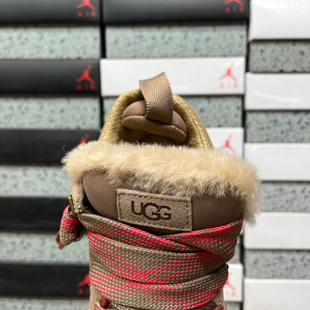 UGG Lowmel Sneaker – Camel Suede & Mesh with Red Braided Laces & Dark Chocolate SugarSole