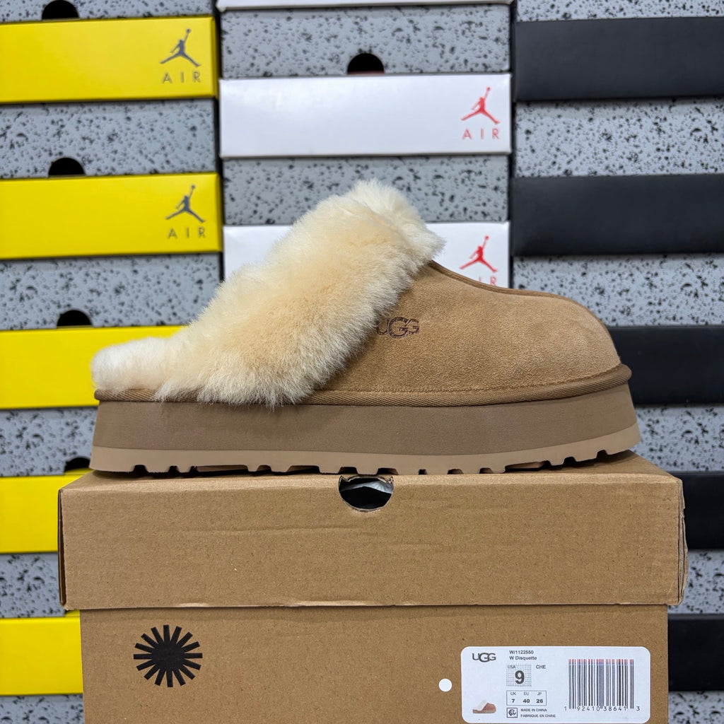 UGG Disquette Platform Slippers – Chestnut Suede & Shearling Fur Slide