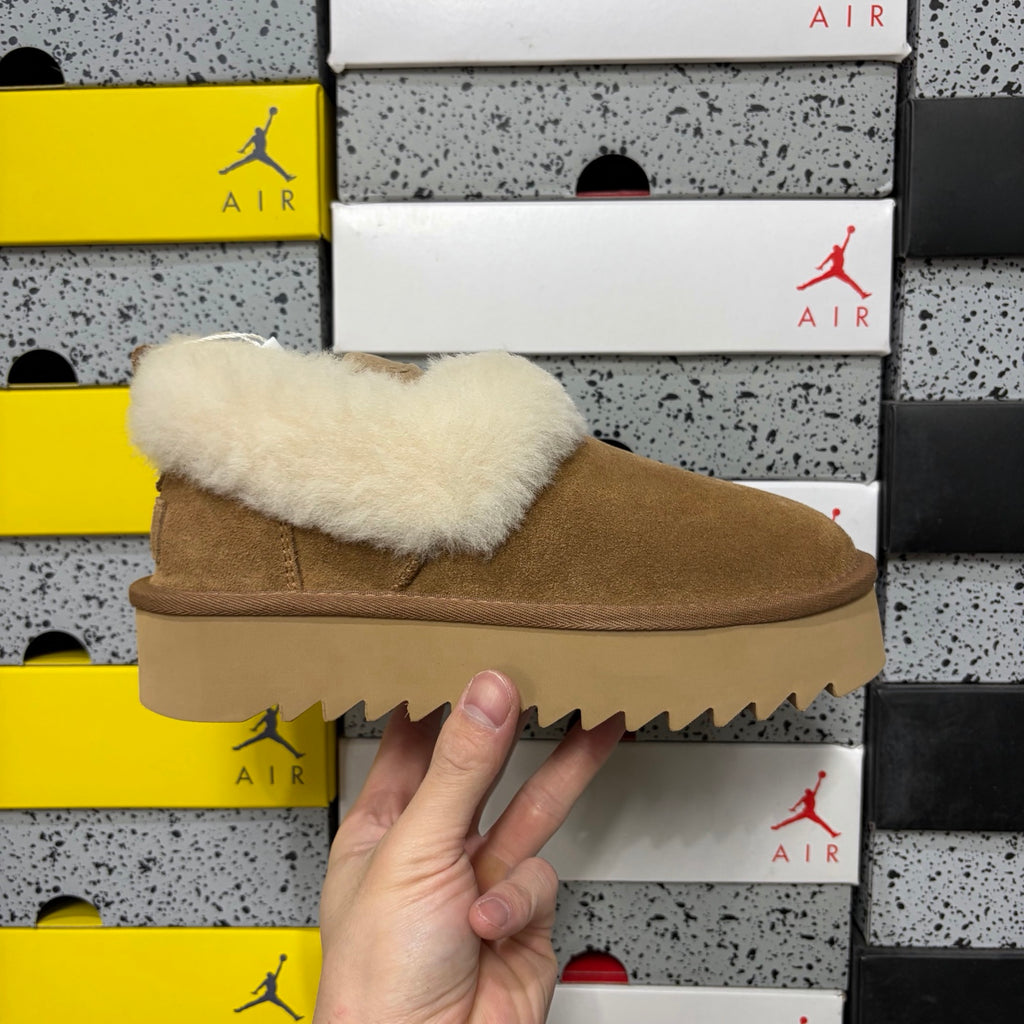 UGG Kallen Lace – Chestnut Suede Platform Bootie with Cream Sheepskin Cuff, Back Lace Detail & Warm Gum Sawtooth Sole