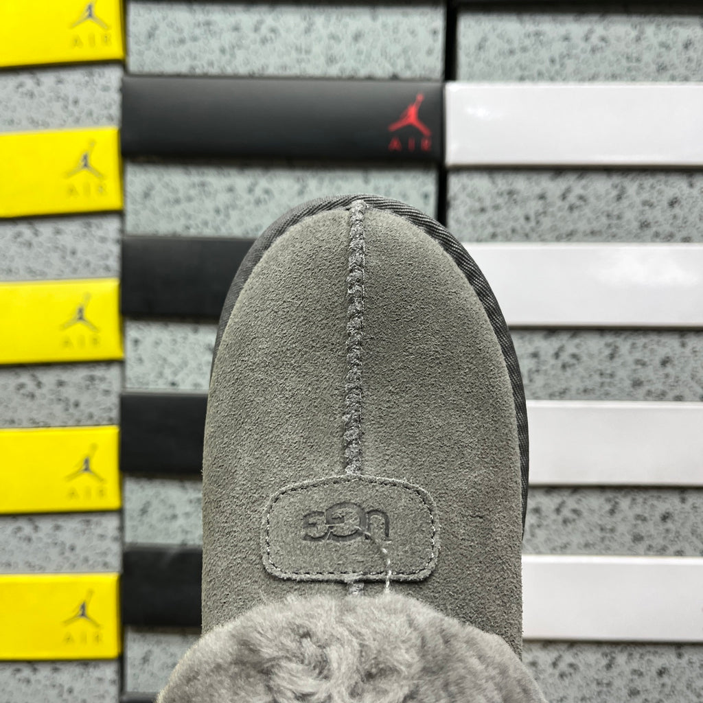UGG Classic Mini Boot – Grey Suede with Oversized Fluffy Shearling Cuff