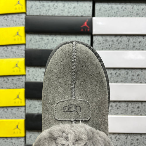 UGG Classic Mini Boot – Grey Suede with Oversized Fluffy Shearling Cuff