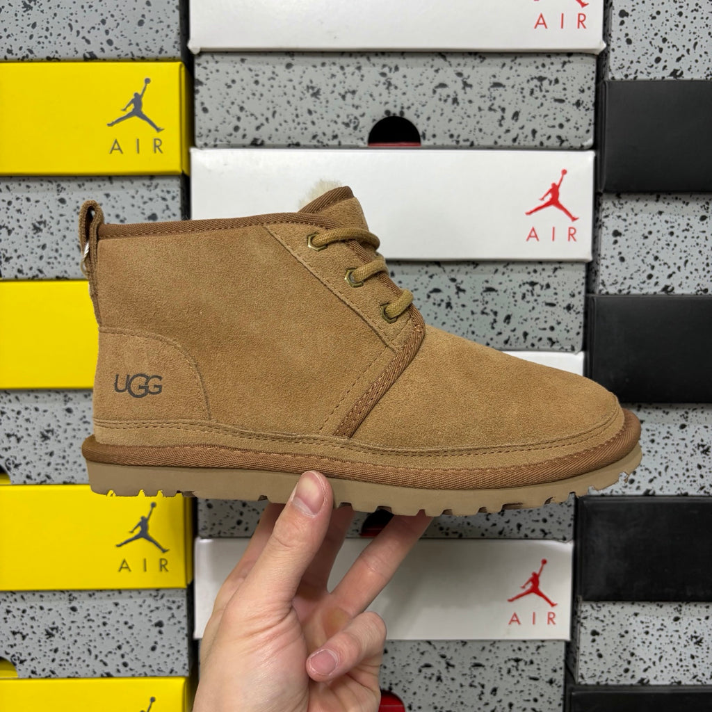 UGG Neumel Boot – Chestnut Suede Lace-Up Chukka with Gold Eyelets, Debossed UGG Logo & Warm Gum Lug Sole
