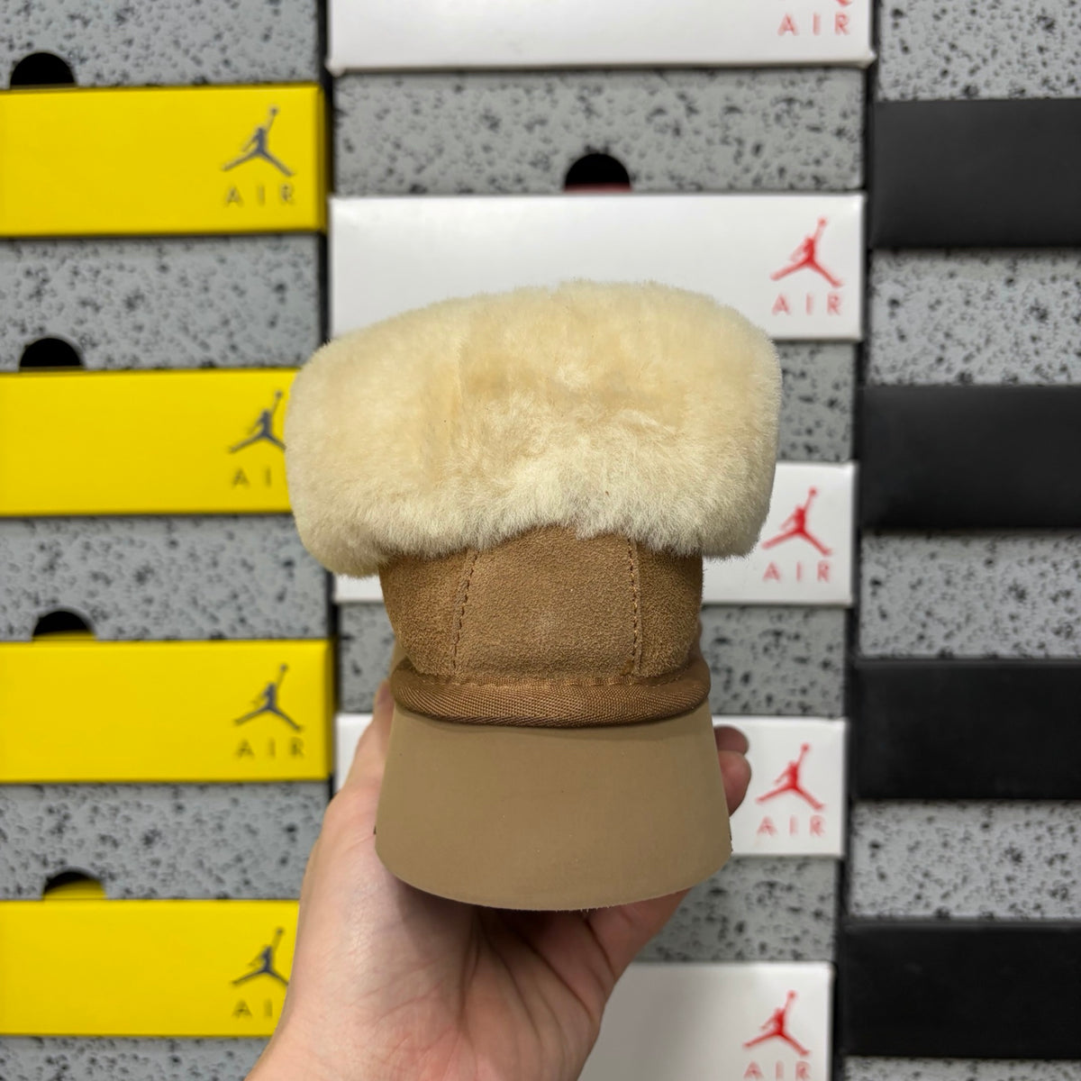 UGG Tazz Slipper – Chestnut Suede Tall Platform Mule with Voluminous Cream Sheepskin Roll Cuff