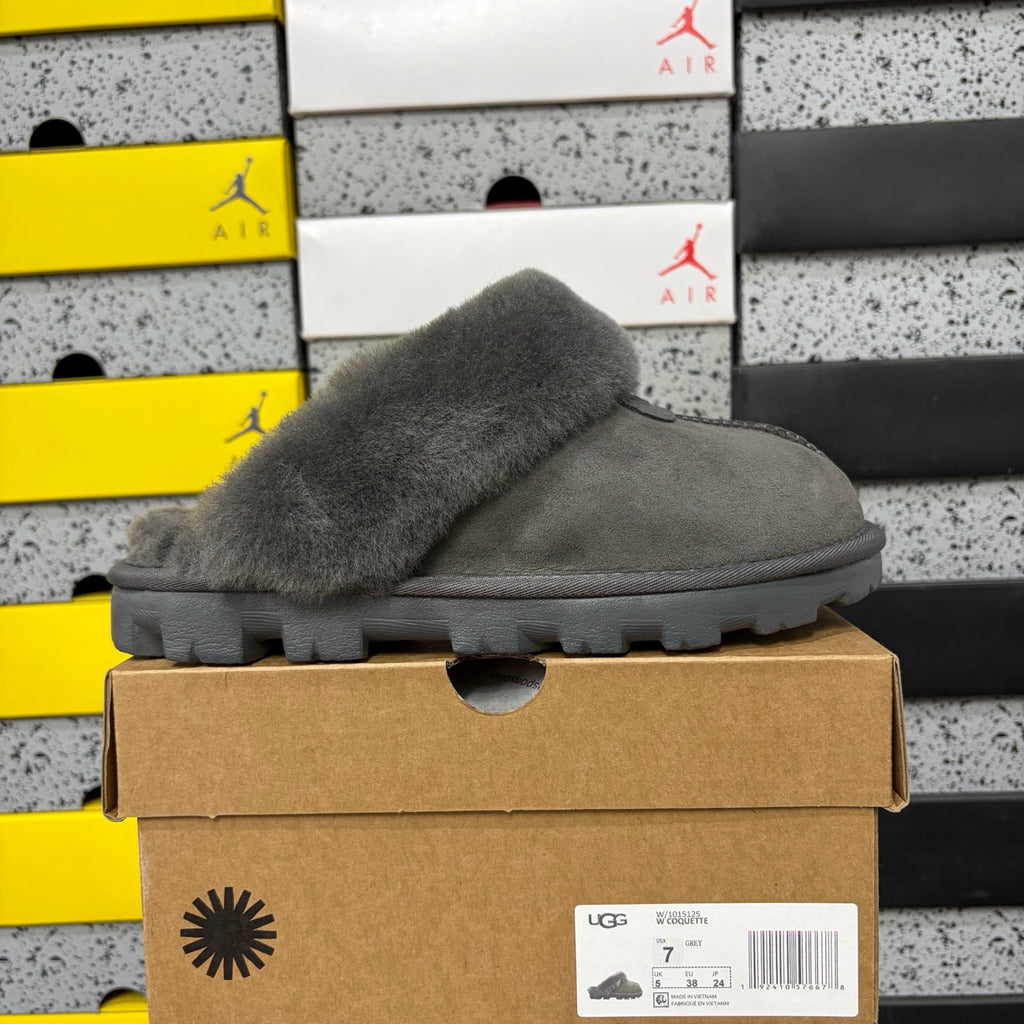 UGG Tazz Slipper – Charcoal Suede Platform Mule with Tonal Grey Sheepskin Cuff & All-Charcoal Lug Sole