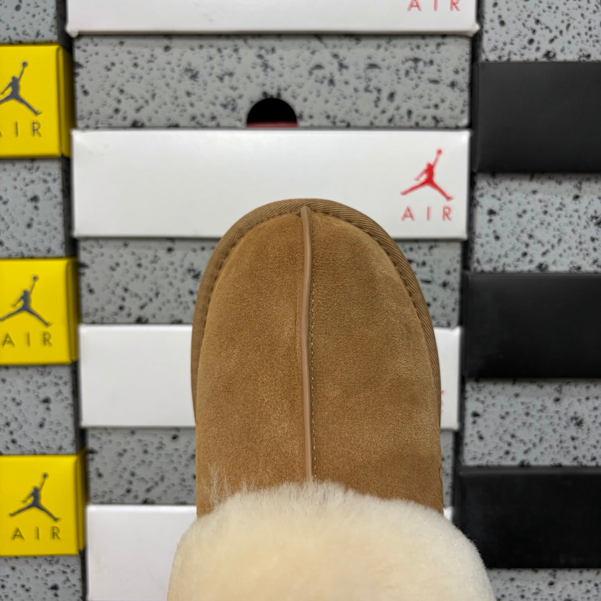 UGG Disquette Slipper – Chestnut Suede Open-Toe Slide with Oversized Cream Sheepskin Drape & Flat Sole