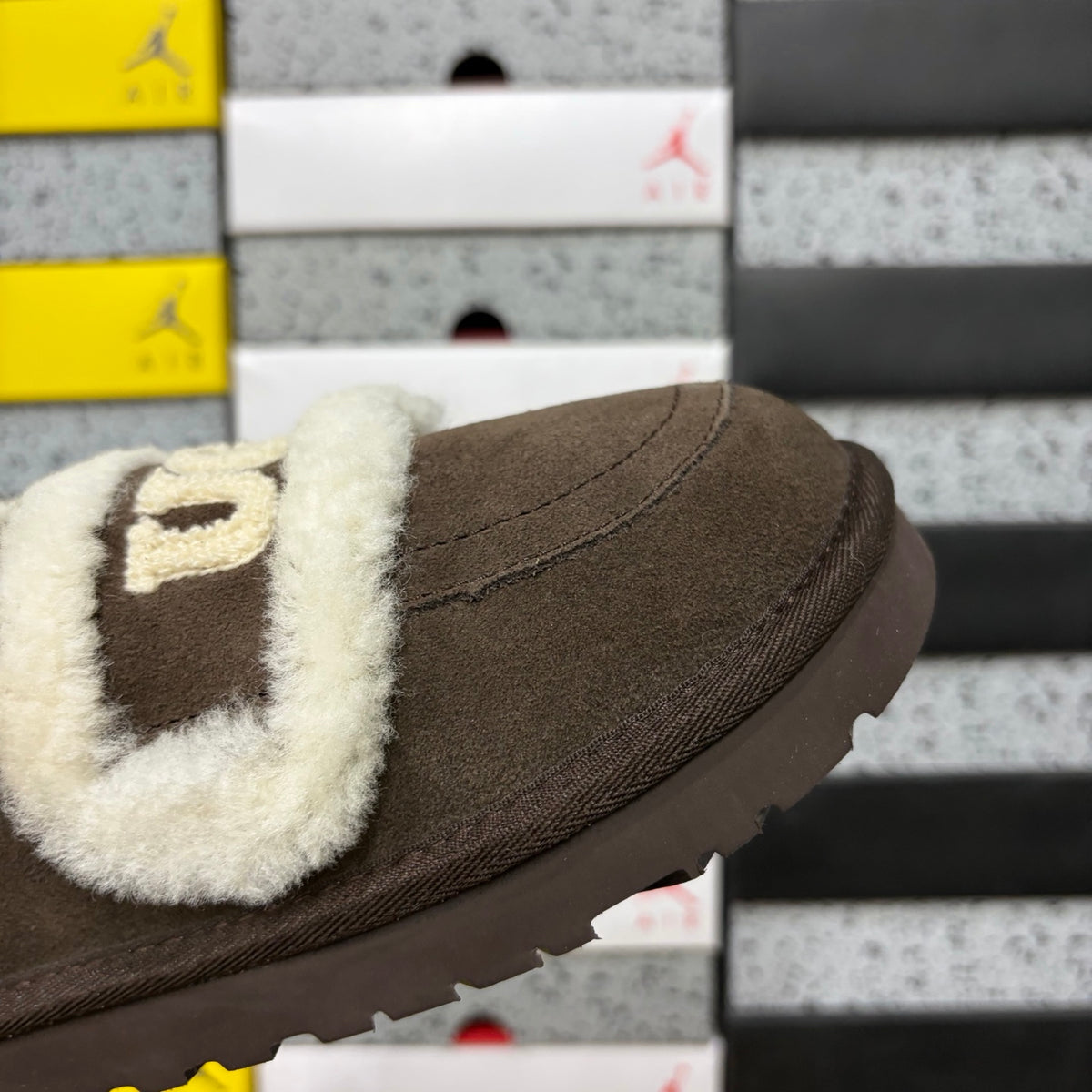 UGG Cozee Squish Slide – Espresso Suede Open-Toe Sandal with Cream Shearling Knot Strap & Dark Lug Sole