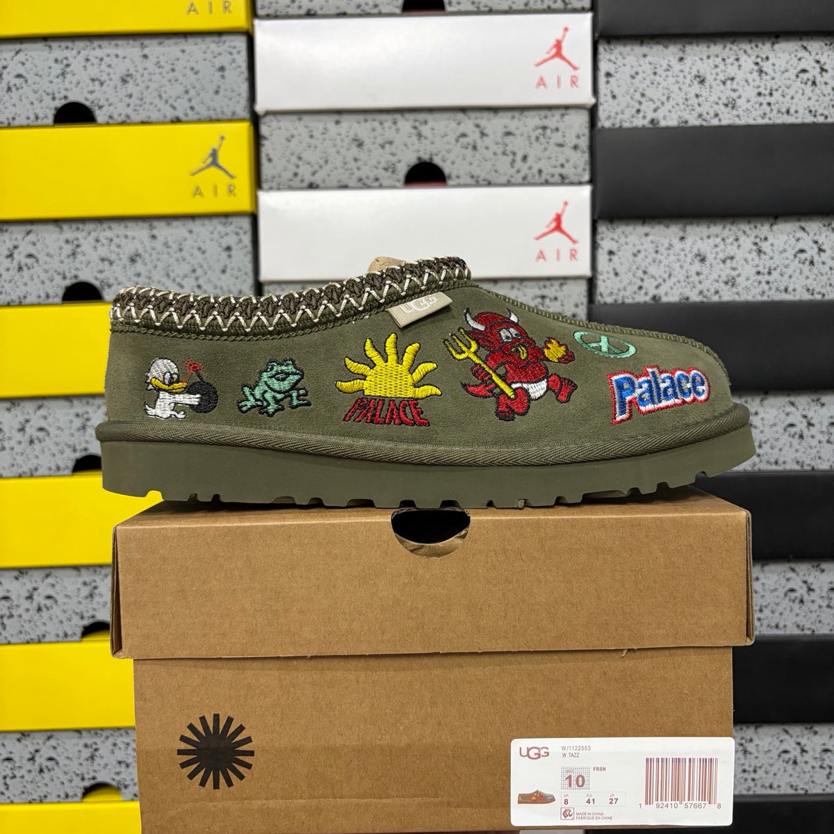 UGG × Palace Skateboards Tasman Slipper – Olive Suede with Embroidered Graphic Patches & Herringbone Braid Trim