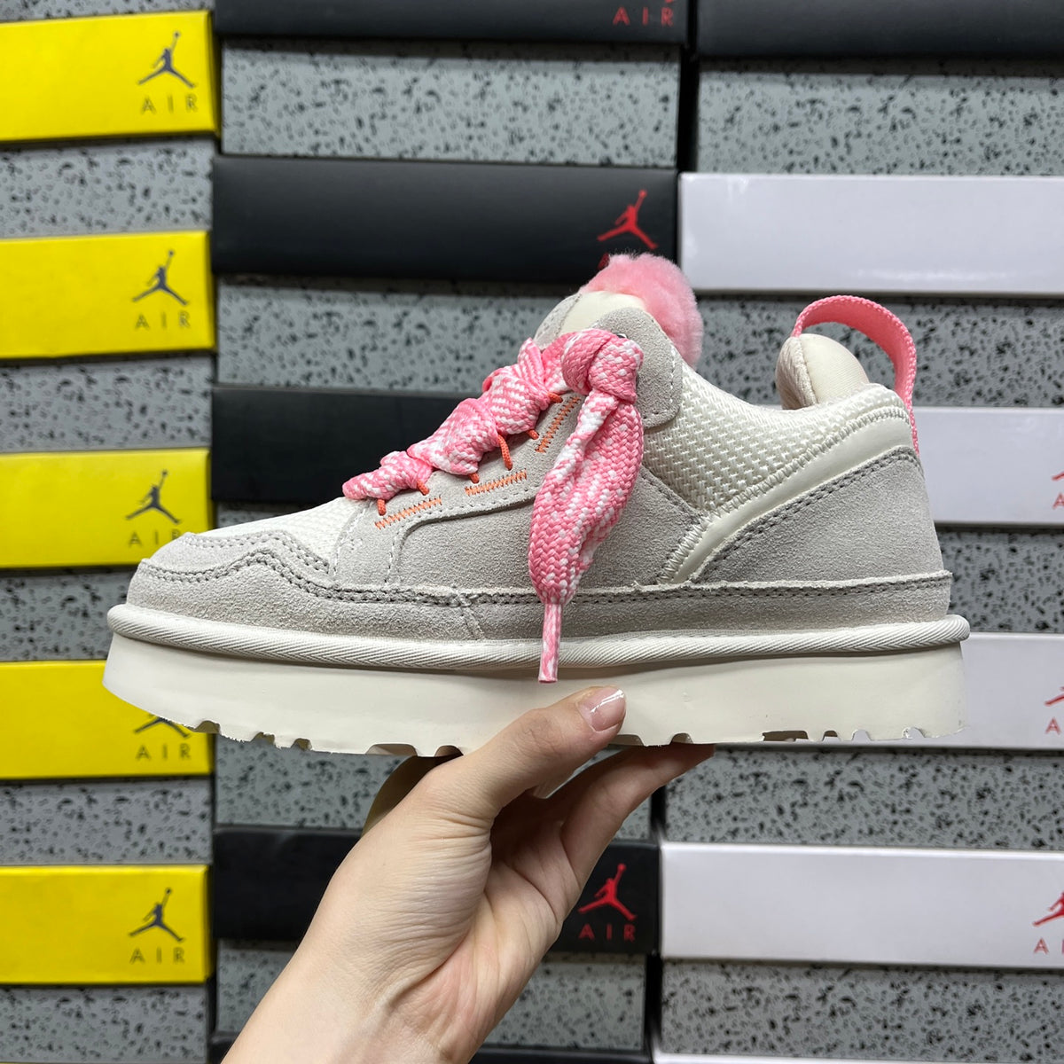 UGG Lowmel Sneaker – Cream Suede with Fluffy Pink Laces & Pompom Charm