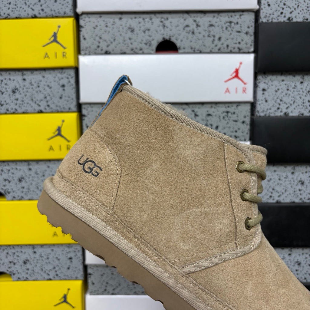 UGG Neumel Boot – Sand/Beige Suede Lace-Up Chukka with Blue Heel Pull Tab, Debossed UGG Logo & Gum Sole