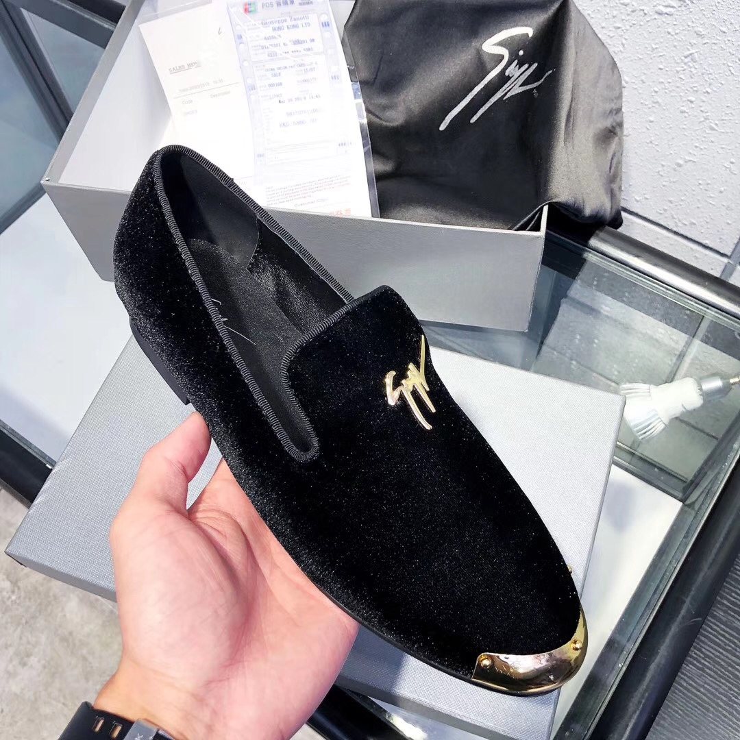 Giuseppe Zanotti Black Velvet Gold-Trim Slip-On Shoes