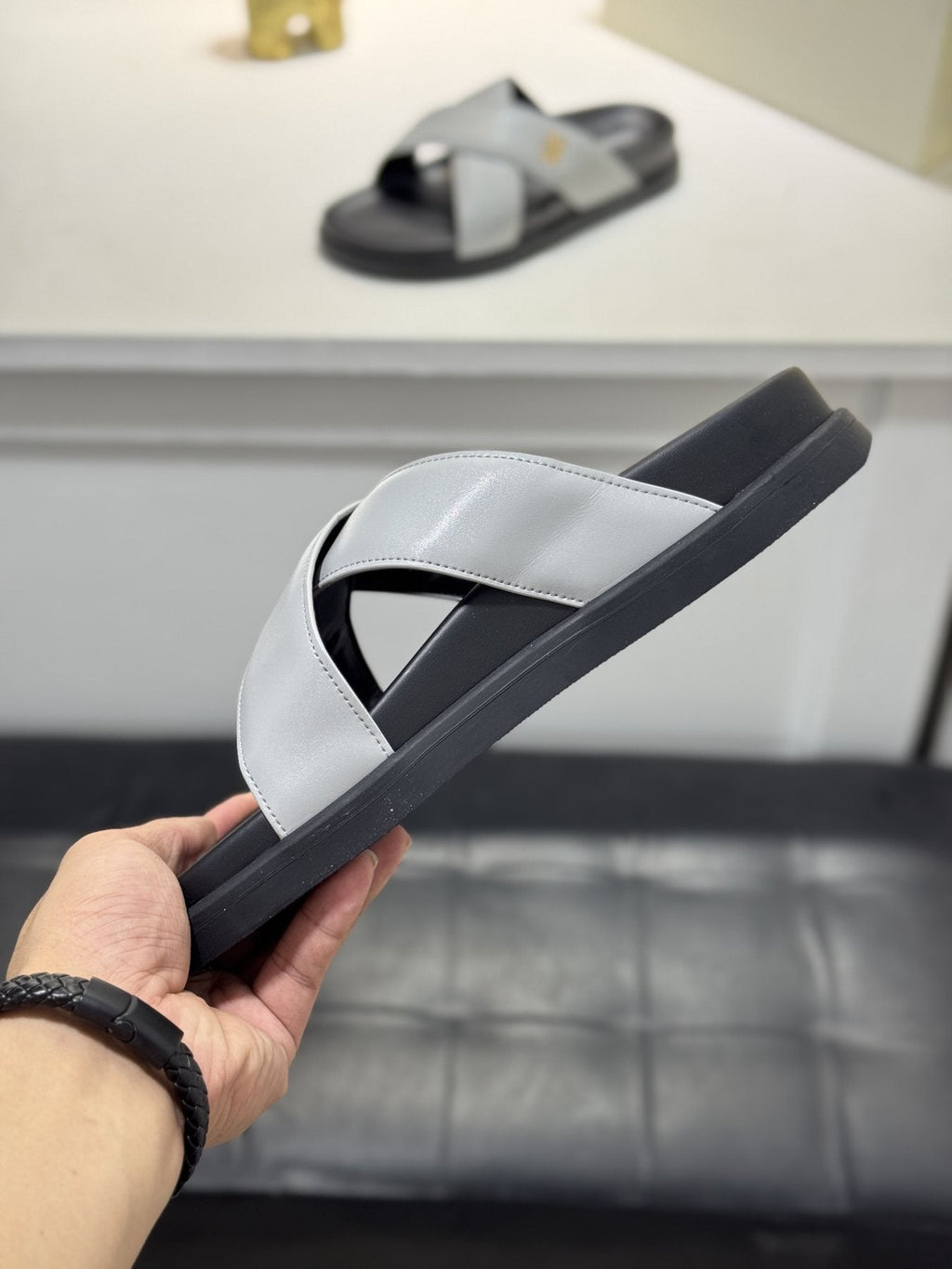 Burberry Light Gray Cross-Strap Slide Sandals