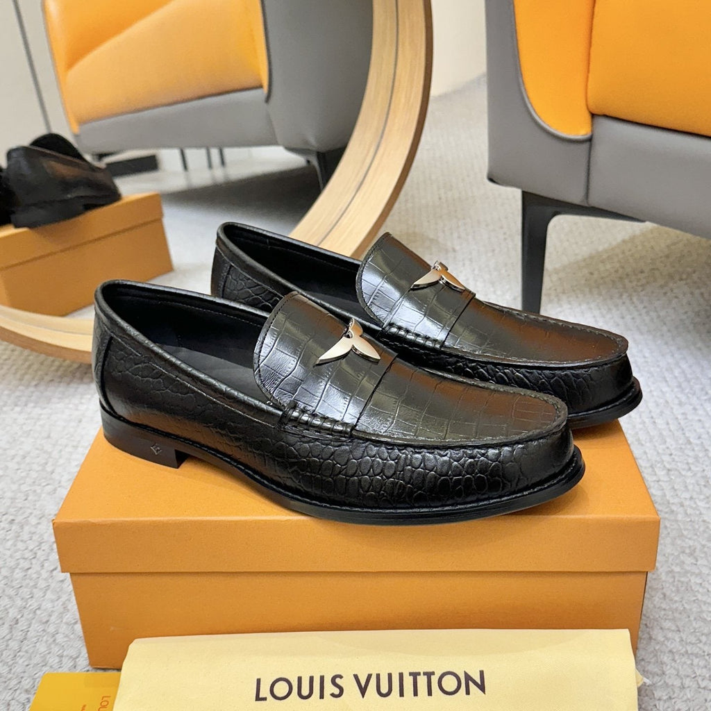 Louis Vuitton Men's Black Embossed Leather Loafers