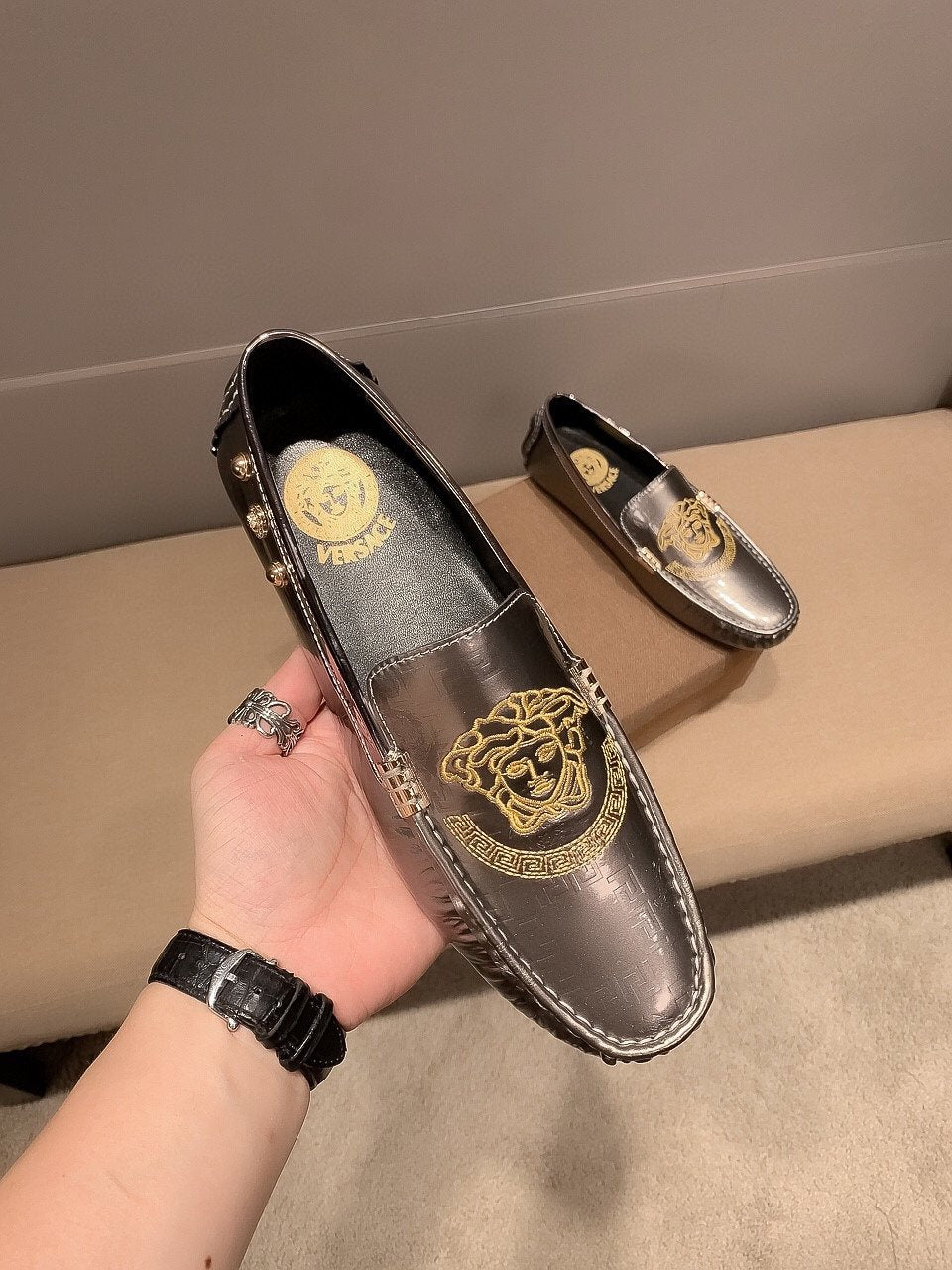 Versace Gunmetal Medusa Loafers