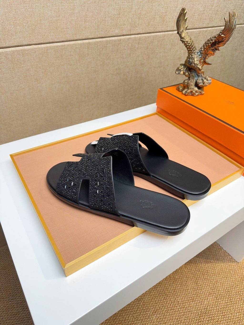 Hermès Black Perforated H-Strap Slide Sandals