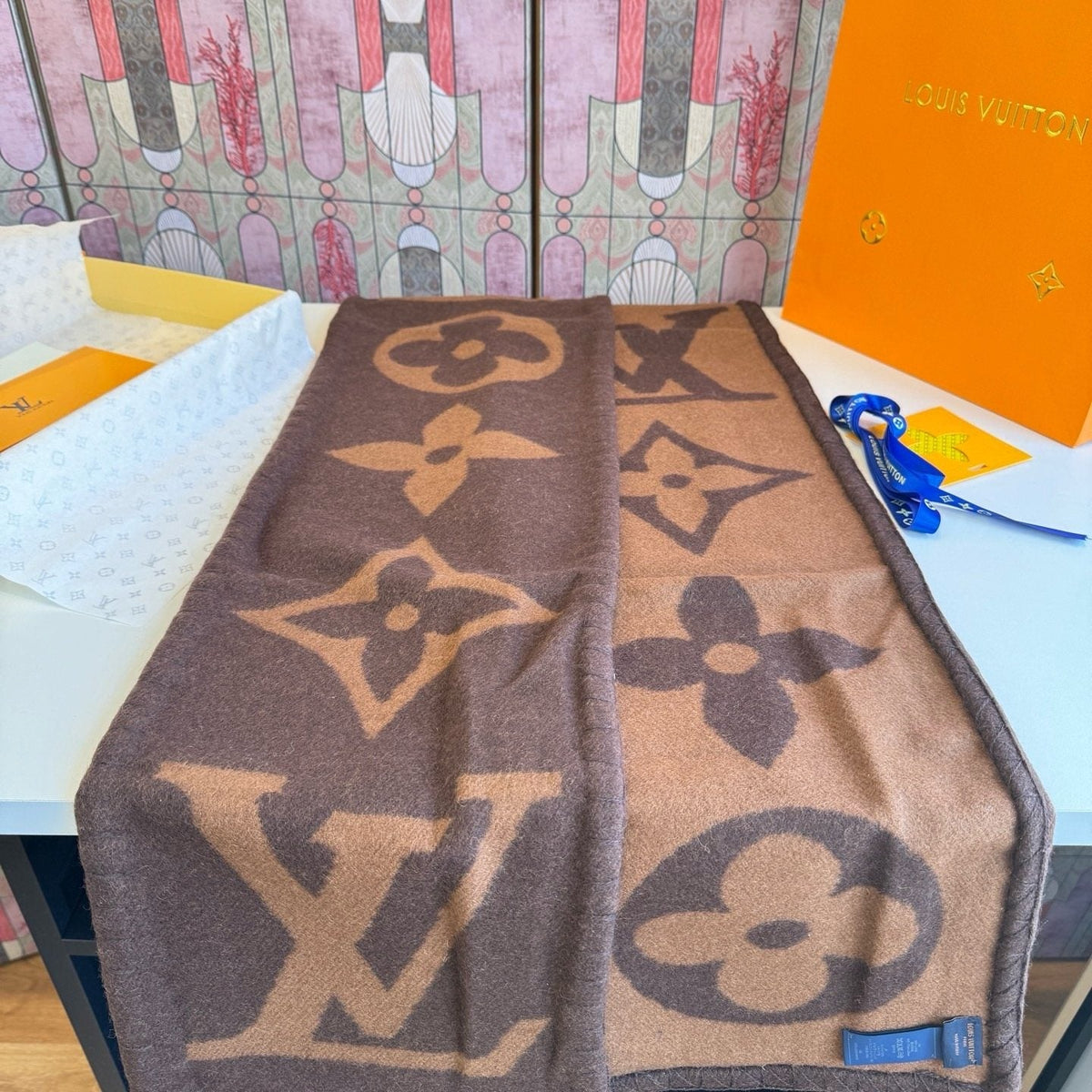 Louis Vuitton Brown and Tan Motif Scarf