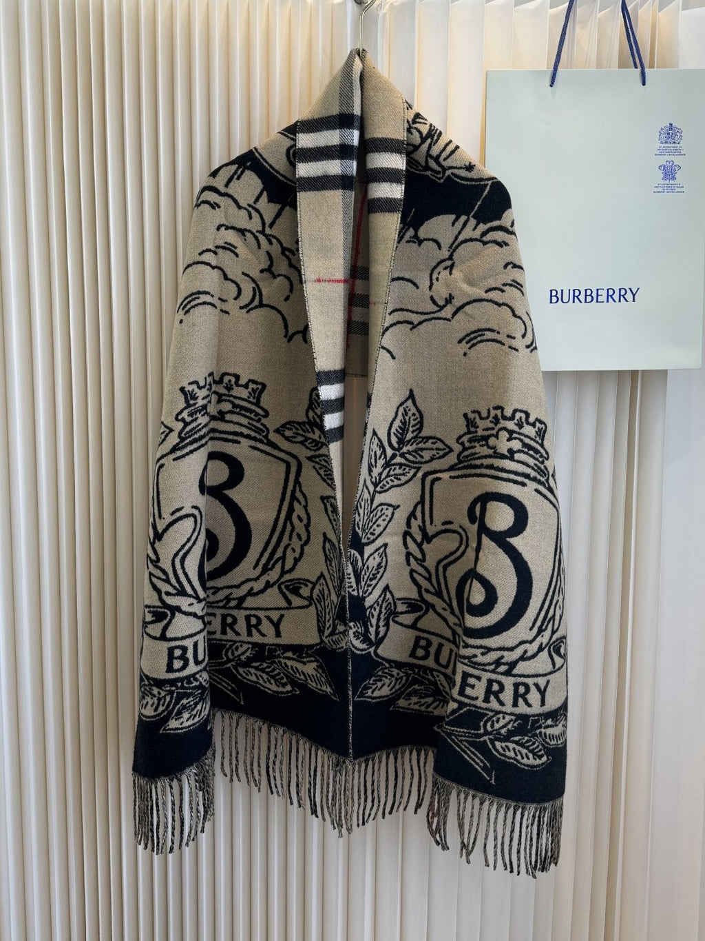 Burberry Equestrian Motif Fringed Scarf