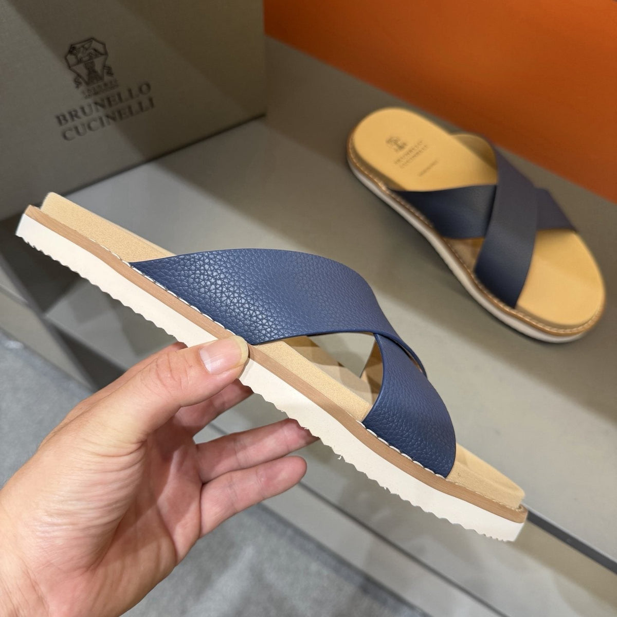 Brunello Cucinelli Men's Cross-Strap Slide Sandals - Cross-Over Strap Design