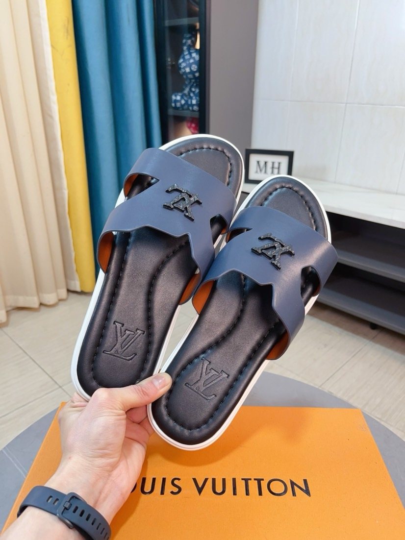 Louis Vuitton Men's Embossed Strap Slide Sandals - Layered Contrast Sole