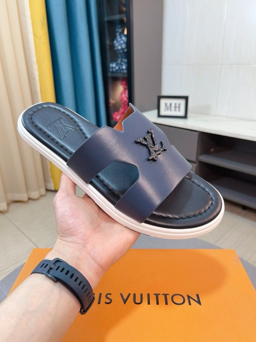Louis Vuitton Men's Embossed Strap Slide Sandals - Layered Contrast Sole