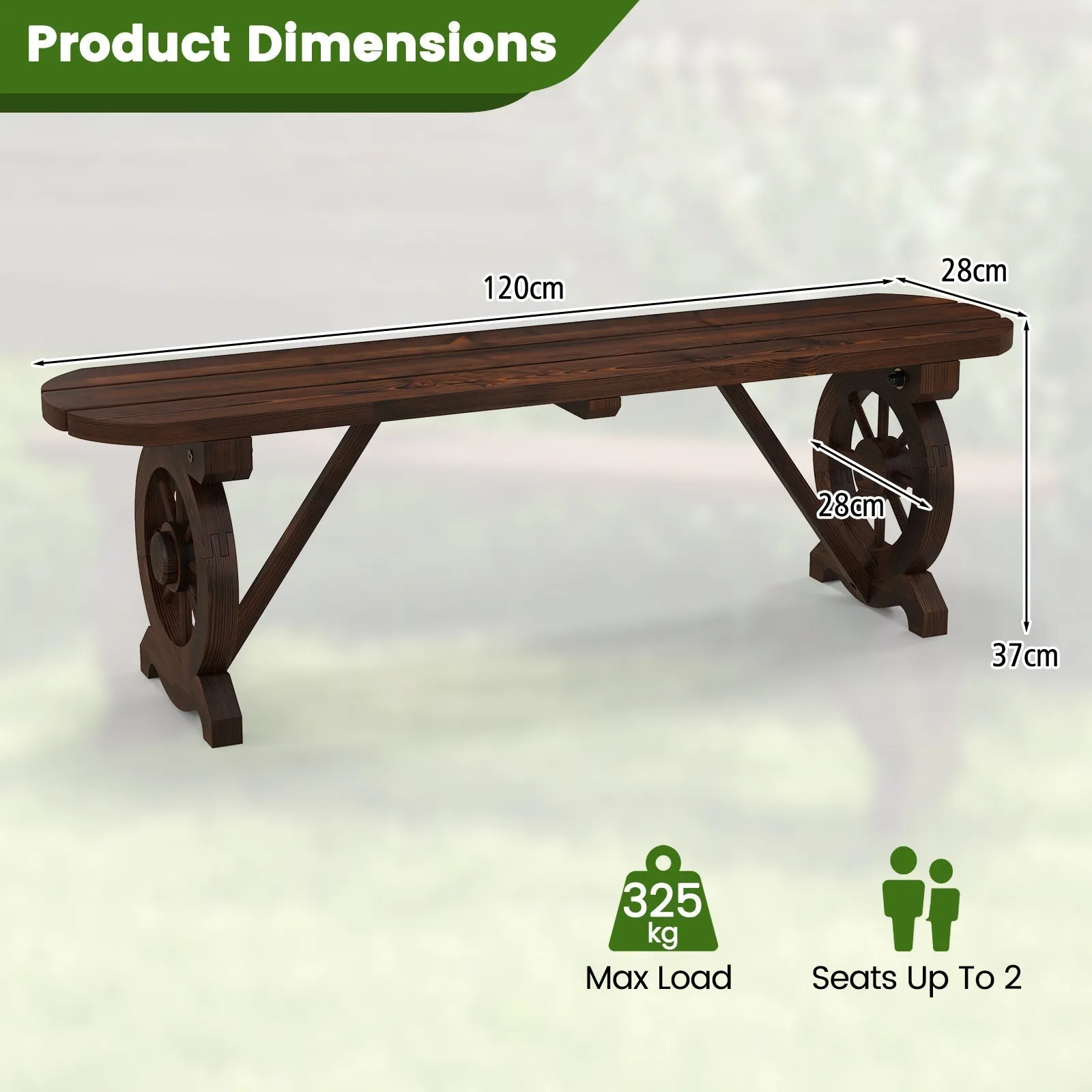 2-Seat Patio Wood Bench with Wagon Wheel Base and Slatted Seat