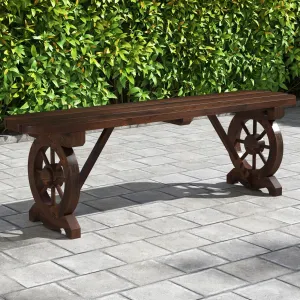 2-Seat Patio Wood Bench with Wagon Wheel Base and Slatted Seat