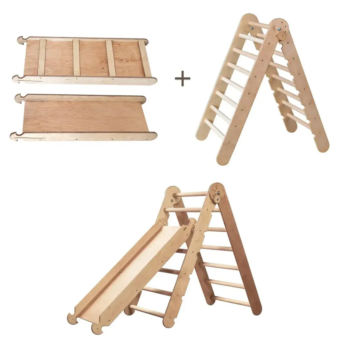 2in1 Montessori Climbing Set: Triangle Ladder   Slide Board/Ramp – Beige