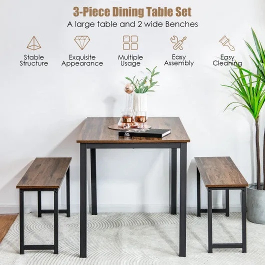 3 Pieces Dining Table Set with 2 Benches for Dining Room Kitchen Bar-Brown