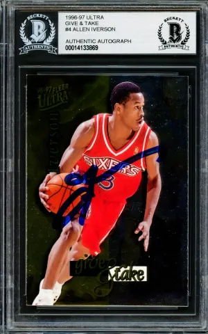 Allen Iverson Autographed 1996-97 Fleer Ultra Give & Take Rookie Card #4 Philadelphia 76ers Beckett BAS #14133869