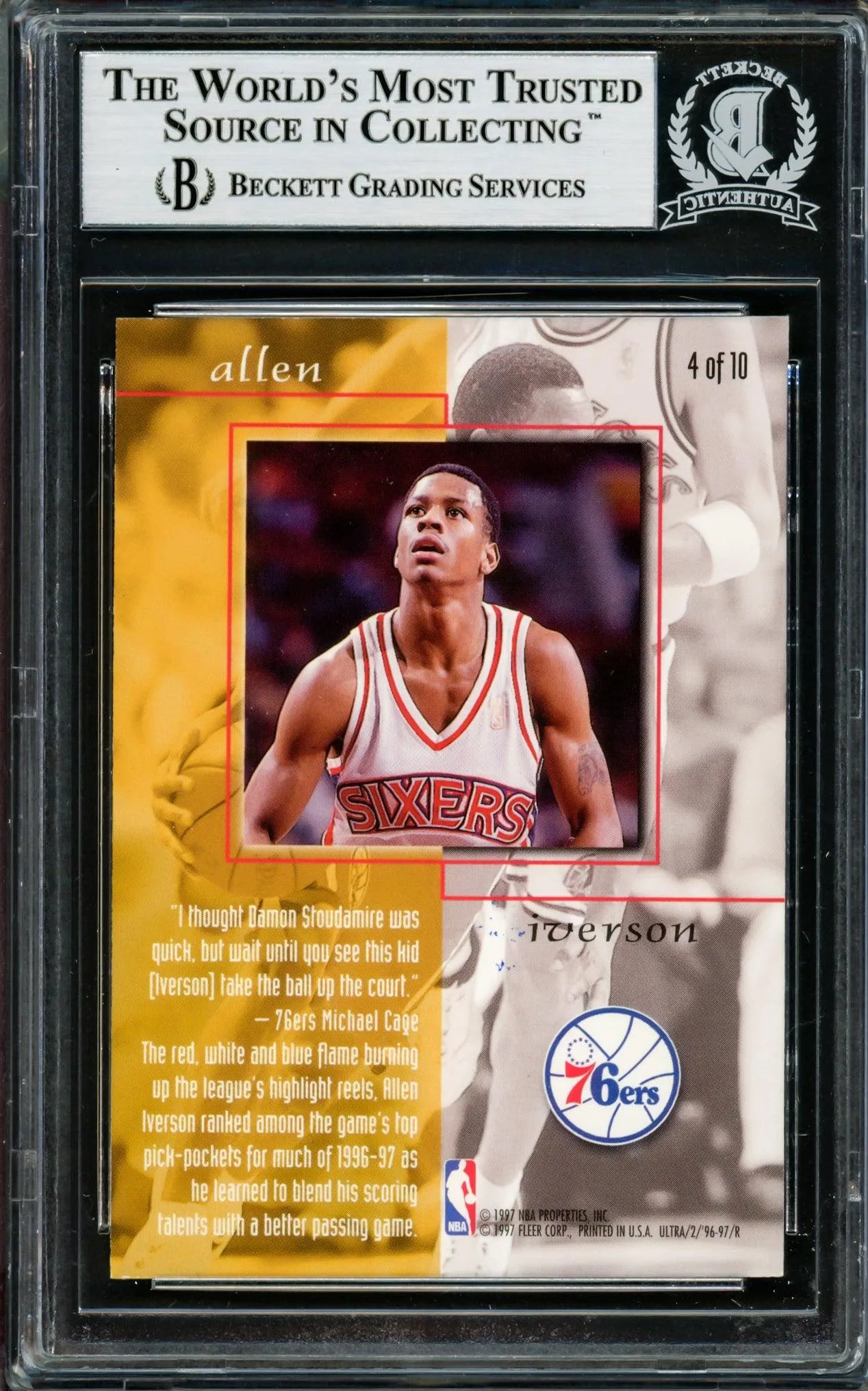 Allen Iverson Autographed 1996-97 Fleer Ultra Give & Take Rookie Card #4 Philadelphia 76ers Beckett BAS #14133869