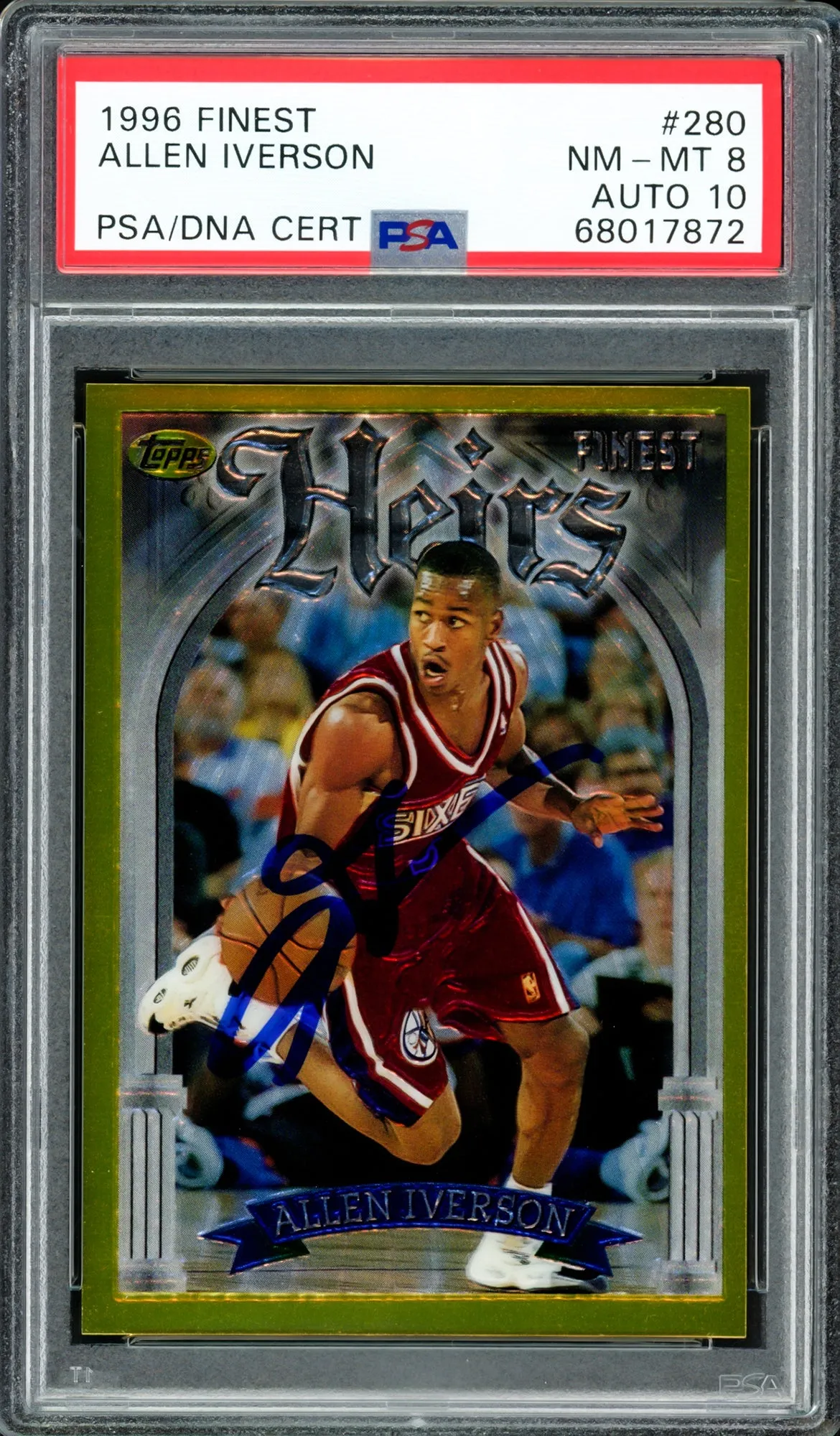 Allen Iverson Autographed 1996-97 Topps Finest Gold Rookie Card #280 Philadelphia 76ers PSA 8 Auto Grade Gem Mint 10 PSA/DNA #68017872