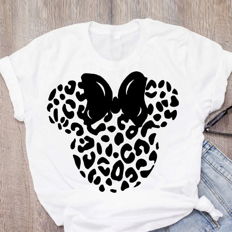 Cartoon Leopard Bow Print Design Short Sleeve Casual T Shirt