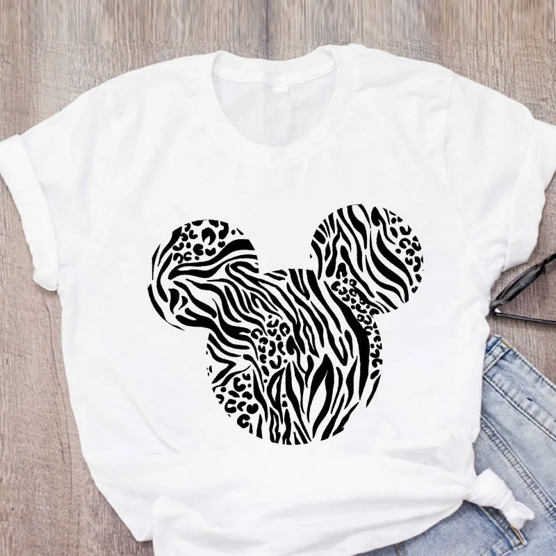 Cartoon Leopard Bow Print Design Short Sleeve Casual T Shirt