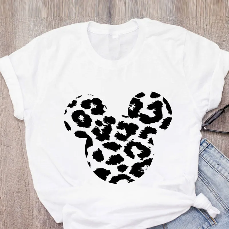 Cartoon Leopard Bow Print Design Short Sleeve Casual T Shirt