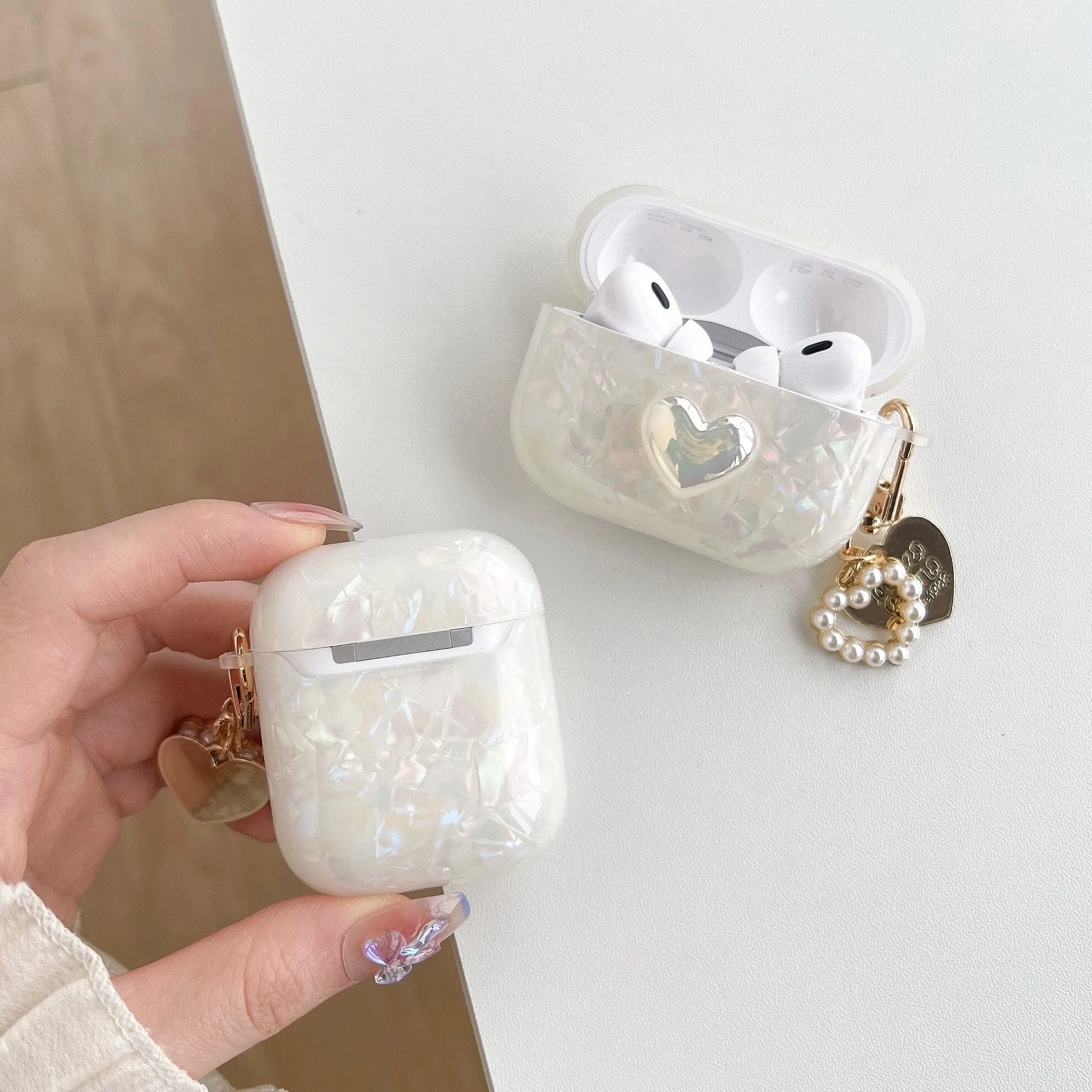 Cute White Pearlescent Marble Heart Protective Shockproof Cover AirPods Case   Carabiner Heart Charm for AirPods 1 2 3 Pro 2 Generation